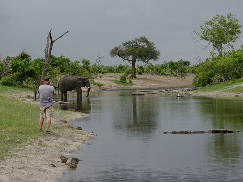 Photographer with Elephant on one of our Kalahari Safari Tours.
